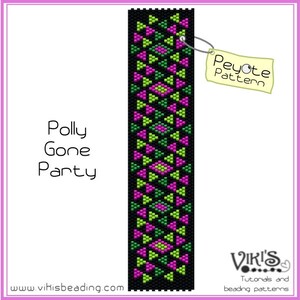 May include: A peyote stitch beading pattern for a bracelet called "Polly Gone Party". The pattern features black, green, and pink beads in a geometric design.
