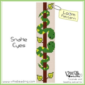 May include: A loom pattern titled "Snake Eyes" showing a green and yellow snake design coiled around a brown tree branch. The pattern includes the text "Loom Pattern" and the website address www.vikisbeading.com.