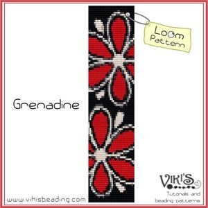 May include: A loom beading pattern for a bracelet with a red, white, and black floral design. The pattern is called "Grenadine" and is available on the website www.vihisbeading.com. The image also includes the text "Loom Pattern".