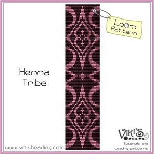 May include: A loom pattern for a beaded bracelet with a pink and black geometric design. The pattern is called "Henna Tribe" and is available on the website www.vihisbeading.com.