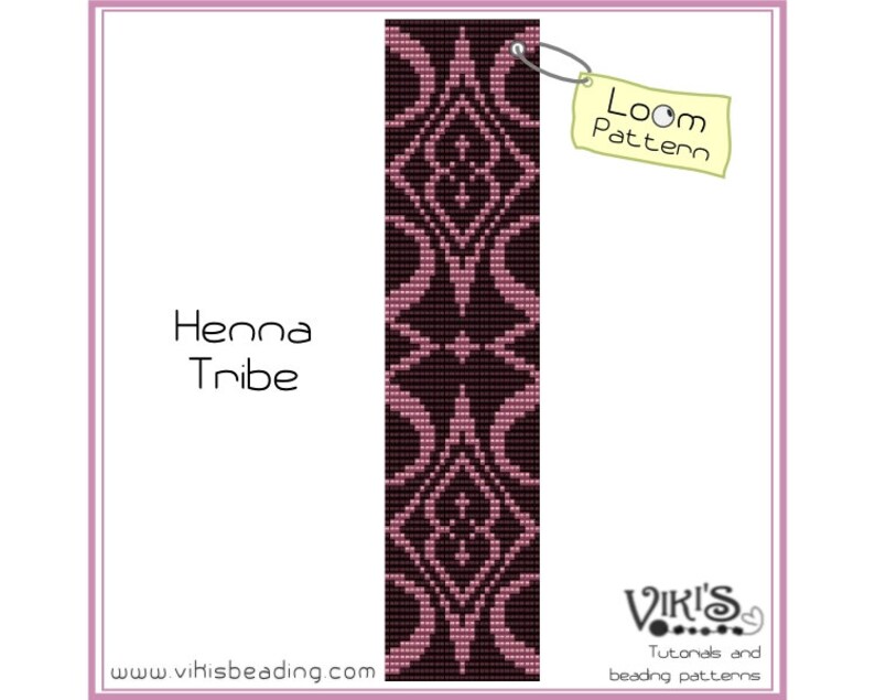 May include: A loom pattern for a beaded bracelet with a pink and black geometric design. The pattern is called "Henna Tribe" and is available on the website www.vihisbeading.com.