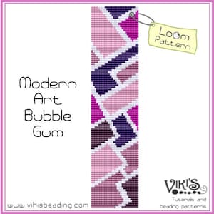 Może przedstawiać: Wzór na bransoletkę z koralików z nowoczesnym wzorem. Wzór zawiera geometryczny wzór z koralikami w kolorze różowym, fioletowym i białym. Wzór nazywa się "Modern Art Bubble Gum".