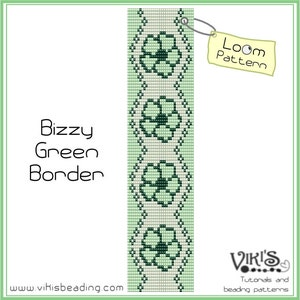 Puede incluir: Un patrón de tejido de cuentas para un borde verde con un diseño de flores. El patrón se llama "Bizzy Green Border" y está disponible en el sitio web www.vihisbeading.com. La imagen también incluye el texto "Loom Pattern".