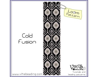 May include: Black and white loom beading pattern called "Cold Fusion". The pattern features a geometric design with circles and squares. The pattern is labeled "Loom Pattern".