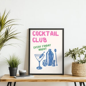 Cocktail Club Print, Retro Bar Wall Art, Printable Happy Hour, Martini Drink Decor, Cocktail Poster, Bar Decor Printable, Cocktail Party