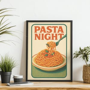 Retro Pasta Night Print, Vintage Italian Kitchen Wall Art, Spaghetti Poster, Food Decor for Dining Room or Restaurant, Digital Download