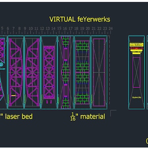 Könnte beinhalten: Ein Diagramm, das das Layout eines Laser-Schneideprojekts zeigt. Das Diagramm ist mit "VIRTUAL feYerwerks" beschriftet und zeigt die Abmessungen des Laserbetts und des Materials. Das Diagramm ist in Abschnitte unterteilt, die jeweils ein anderes Design zeigen. Die Designs bestehen aus Linien und Formen, und einige von ihnen sind mit Zahlen beschriftet. Das Diagramm befindet sich auf einem dunkelblauen Hintergrund.