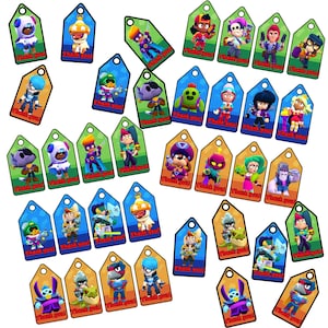 May include: A collection of colorful gift tags featuring various cartoon characters. Each tag has a unique design with vibrant colors and the text "Thank you!" printed on a red banner. The tags are in various shapes and sizes.