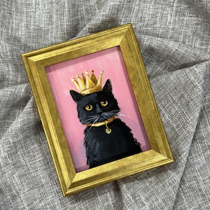 Black Cat ACEO Painting: Original Acrylic Mini Art with Gold Frame