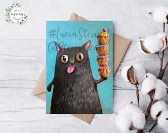 Note Card,Printable Greeting Card,Instant Download,Personalize your Card,Quarantine Cat Note Card,Cat Art,Cup Cake Art,Art To Make You Smile