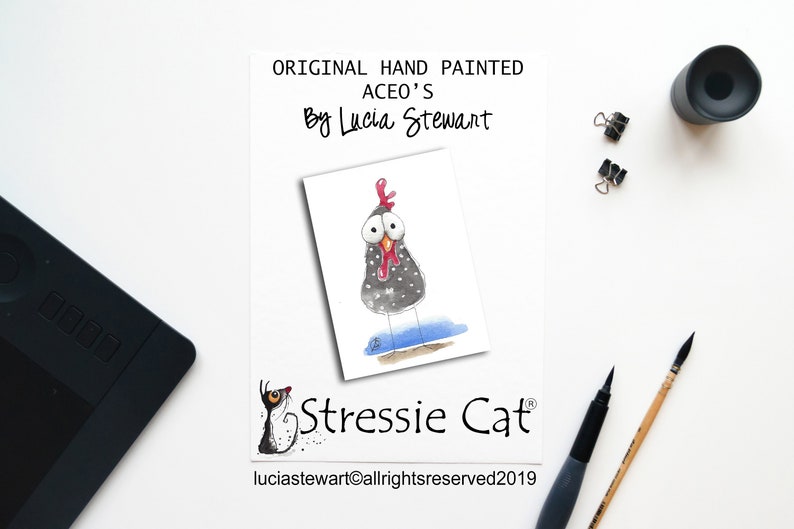 Collectible Art, Artist Trading Cards Art Card Folk Art Bird ACEO Original Whimsical Art Watercolor Painting Chicken Hand Made