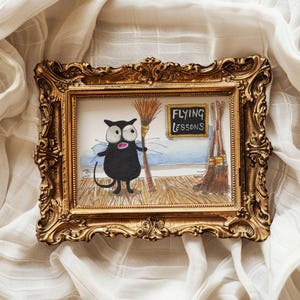 Black Cat ACEO: Original Watercolor Miniature Art - Flying Lessons