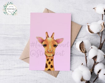 Giraffe Note Card,Printable Greeting Card,Instant Download,Digital Download,Animal Art Card,Personalize your Card,Art To Make You Smile