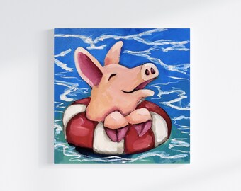 Pig Painting, Swimming with Pigs, Original Painting, Cute Pig in Swimming Tube, Beach House, Wall Art, Home Décor, Ocean, Summer, Seaside