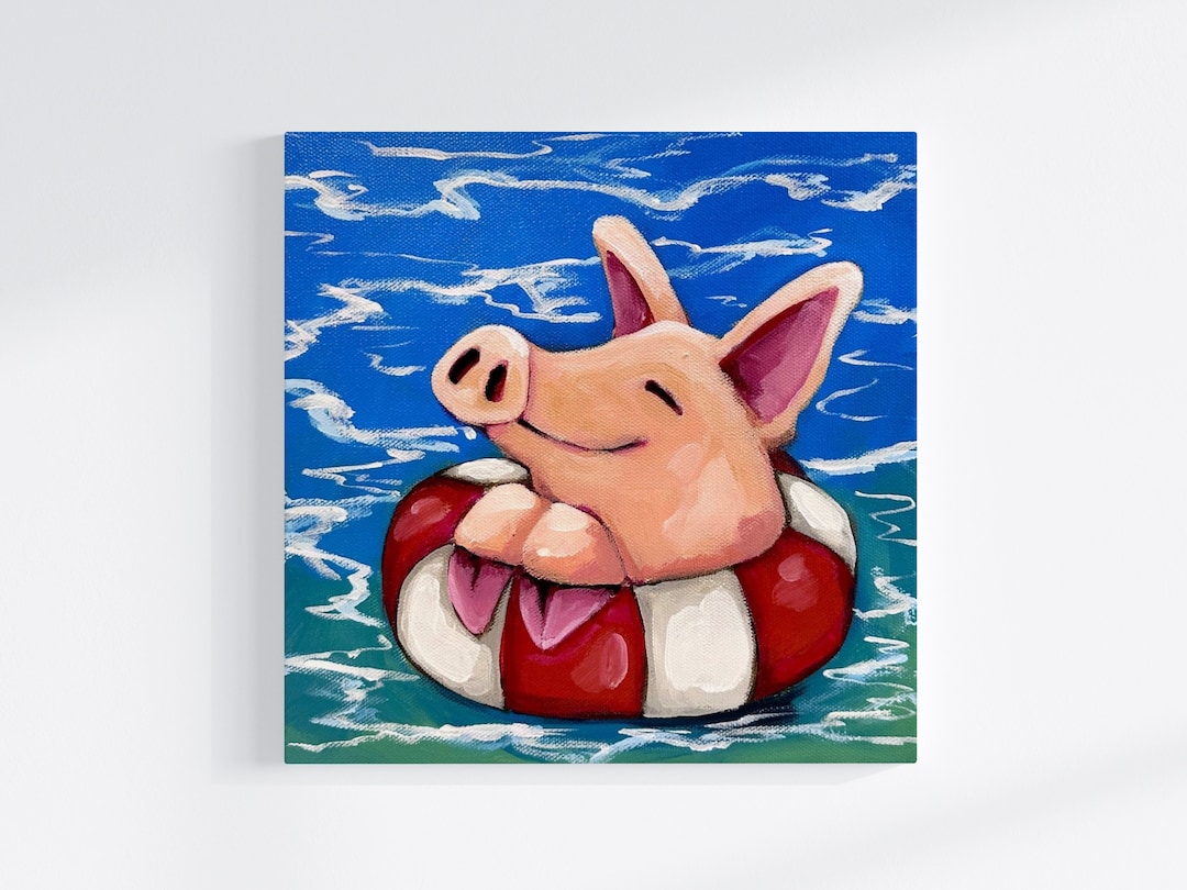 Pintura de cerdos, Nadando con cerdos, Pintura original, Lindo cerdo en