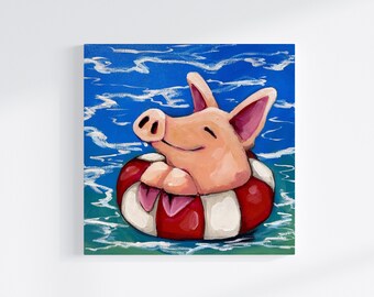 Pig Painting, Swimming with Pigs, Original Painting, Cute Pig in Swimming Tube, Beach House, Wall Art, Home Décor, Ocean, Summer, Seaside