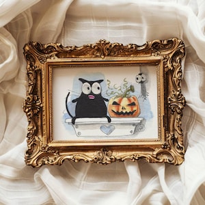 Black Cat ACEO: Original Watercolor Miniature Art - Halloween Pumpkin