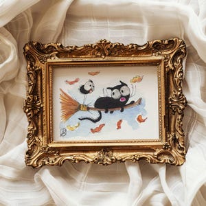 Black Cat ACEO: Original Watercolor Miniature Art - Halloween Whimsical Painting