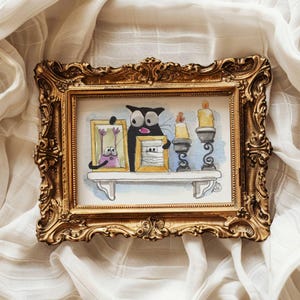 Black Cat ACEO: Original Watercolor Miniature Art - Scary Shelf