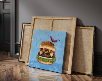 Burger Painting, Original Painting, Cafe Art, Restaurant artwork, Food Painting, Wall Art, Home Décor, Acrylic on Canvas, Lucia Stewart