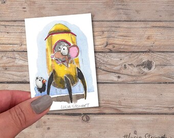 ACEO, Whimsical Mouse, Original ACEO, Mouse Art, Artist Trading Card, Whimsical Art, Folk Art, Hand Made, Watercolor Painting, Lucia Stewart