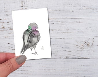 Pigeon ACEO, Original ACEO, Pigeon art, Bird Art, Artist Trading Cards, Whimsical Art, Folk Art, ArtCard, Watercolor Painting, Miniature Art