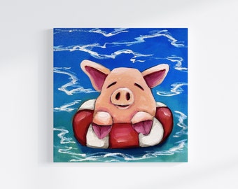 Pig Painting, Swimming with Pigs, Original Painting, Cute Pig in Swimming Tube, Beach House, Wall Art, Home Décor, Ocean, Summer, Seaside