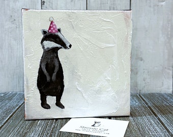 Badger Painting, Birthday Badger, Animal Art, Woodland Animals, Winter scene, Original Painting, Home Décor, Acrylic on Canvas,