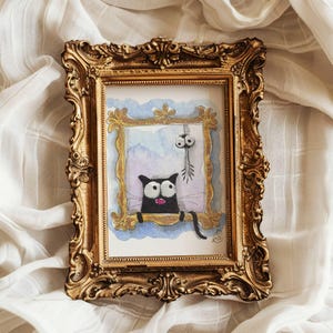 Black Cat ACEO: Original Watercolor Miniature Art - Halloween Portrait