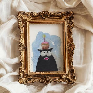 Black Cat ACEO: Original Watercolor Miniature Art - Birthday Cupcake