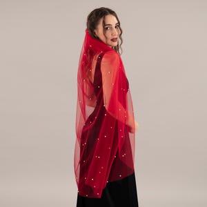 Veil - Rose Red Pearl Wedding Veil - White Regular Pearl Veil form Red Tulle, Veil With Hair Comb