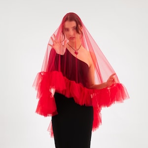 Red Ruffle Wedding Veil - Alternative Frill Veil With Hair Comb