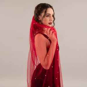 Rose Red Pearl Wedding Veil - White Regular Pearl Veil form Red Tulle, Veil With Hair Comb