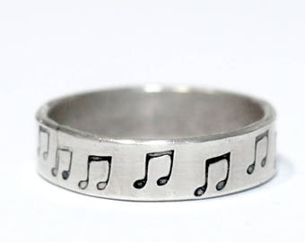 Music Note Pattern Ring, Sterling Silver Silver Ring, Custom Sized, Free Personalization