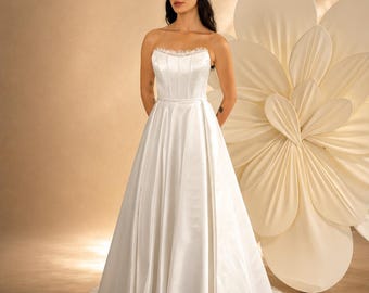 Luxury Satin Wedding Dress: French Lace Bodice, Detachable Sleeves, Corset Back