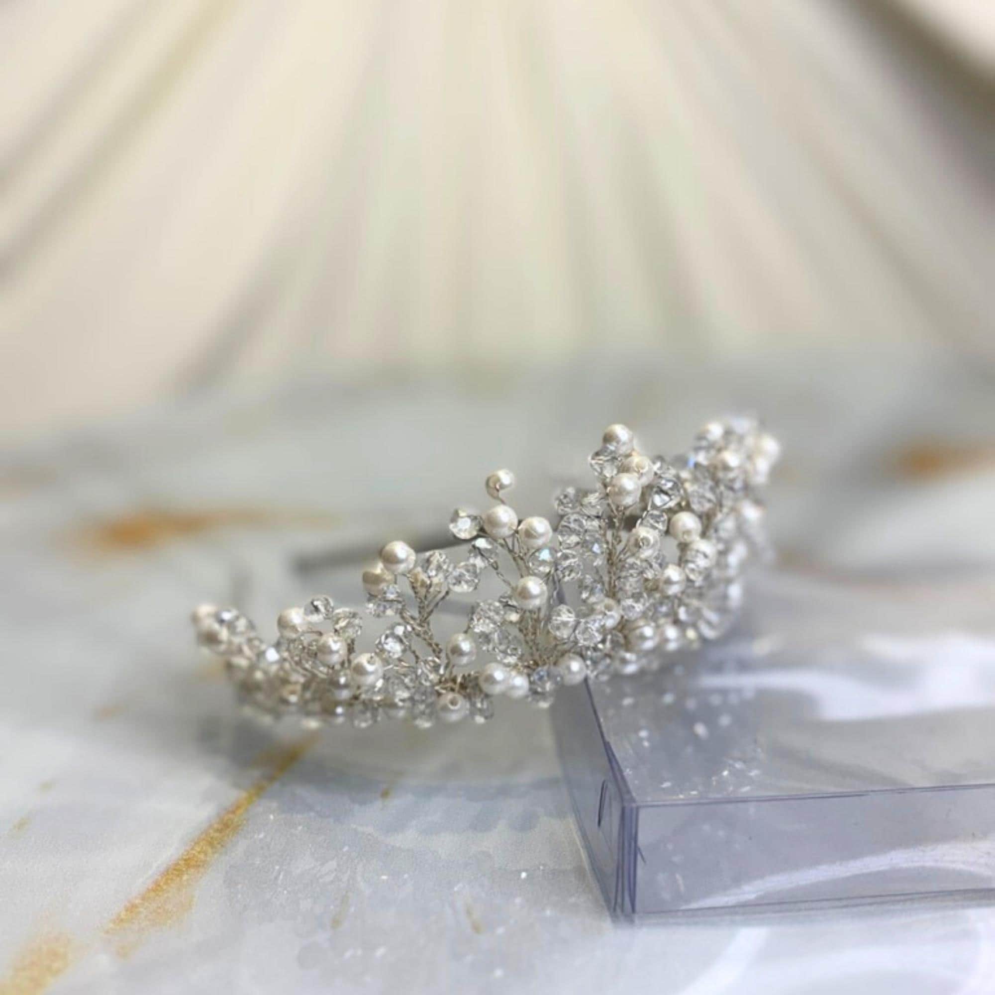 Tiara corona grande cristallo di perla alta 5,6 cm sposa