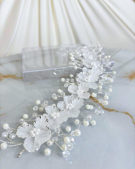 Delicate Pearl & Crystal Hair Vine - White Bridal Hair Accessory Pearl and bead bridal hair vine - Simple and dainty bead and  main image 4