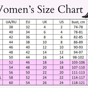 Peut inclure: Un tableau de conversion des tailles de v&ecirc;tements avec des colonnes pour UA/RU, EU, UK et US, ainsi que des mesures de buste, taille et hanches en centim&egrave;tres. Le tableau est divis&eacute; en cat&eacute;gories standard et grande taille de XXS &agrave; 5XL.