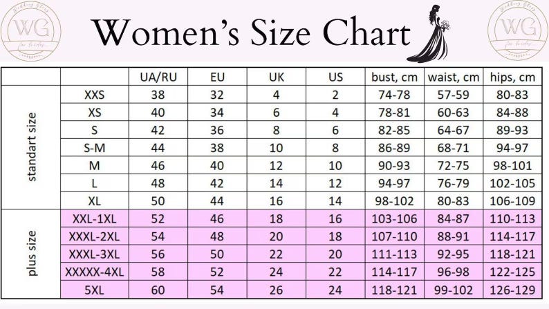 Peut inclure: Un tableau de conversion des tailles de v&ecirc;tements avec des colonnes pour UA/RU, EU, UK et US, ainsi que des mesures de buste, taille et hanches en centim&egrave;tres. Le tableau est divis&eacute; en cat&eacute;gories standard et grande taille de XXS &agrave; 5XL.