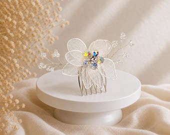 Bridal Flower Hair Comb, Crystal Wedding Hair Piece, Ivory Tulle  Accessory, Boho Hairpiece