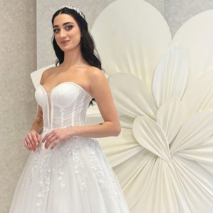 Luxury Glitter Tulle A-Line Wedding Dress with 3D Lace| Strapless Corset Bridal Gown| Sparkly Romantic Couture Dress| Wedding Dress|3D Dress