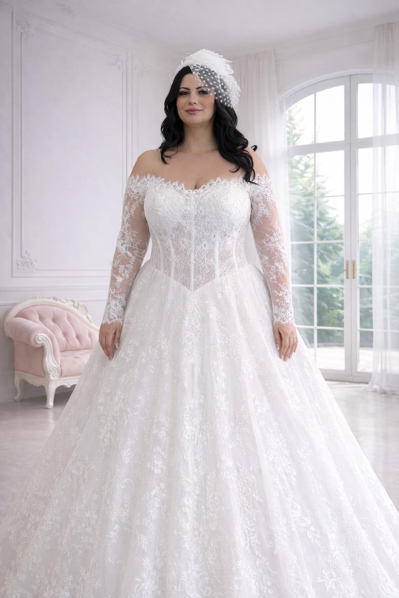 Plus Size French Lace Wedding Dress, Luxury Bridal Gown,XXL Bride Gown image 1