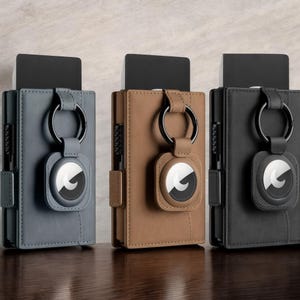 Cartera AirTag para hombre: cartera delgada de cuero con bloqueo RFID, cartera minimalista para viajes, regalo para él en negro y azul.
