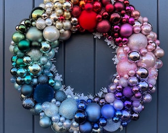 Large Rainbow Glass Bauble Wreath: Sparkly Christmas Decor