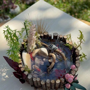 Miniature Fairy Garden Pond with Turtle, Bench , Moss, Bamboo & Logs | Terrarium, Diorama, Woodland Decor | Handmade Mini Water Feature