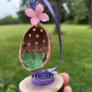 Miniature Walnut Swing | Fairy Hammock Ornament | Tiny Hanging Shell Chair | Handmade Woodland Decor
