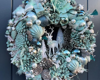 Luxury Christmas Pine Cone Wreath: Turquoise, White, and Glitter Baubles