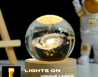 Prestigious 3D Crystal Lamp – Etched Glass Sphere on Wooden Base Unique exclusive Home Decor & Gift for Night Light Lovers LightsOnLamps