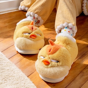 Pantuflas de interior con dibujos animados muy bonitos y acogedoras / Botas mullidas con forma de pollo amarillo divertidas para parejas / Regalo de invierno para el hogar para él y para ella