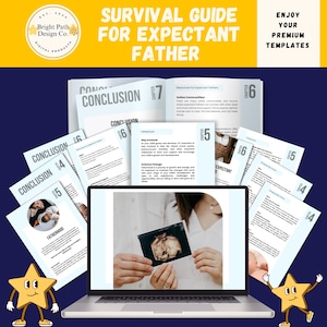 Puede incluir: Una guía de supervivencia para padres primerizos con un portátil que muestra una imagen de ultrasonido. La guía está dividida en capítulos con títulos como "Paternidad", "Expectant" y "Conclusión".